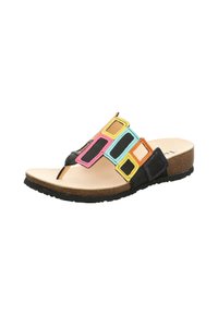 Black slide sandal with colorful geometric accents in pink, blue, yellow, and orange. Cork footbed and textured rubber outsole.