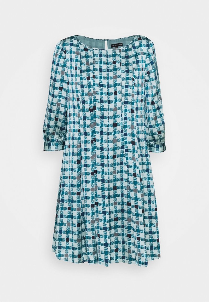 Vestito a maniche corte con motivo a quadri azzurri e verdi, scollatura rotonda e vita arricciata, realizzato in tessuto leggero.