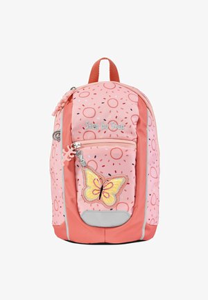 Rosa Rucksack mit abgerundetem Design und Donut-Muster. Verfügt über einen Schmetterlingsaufnäher, reflektierende Akzente und einen strukturierten Reißverschlussanhänger.