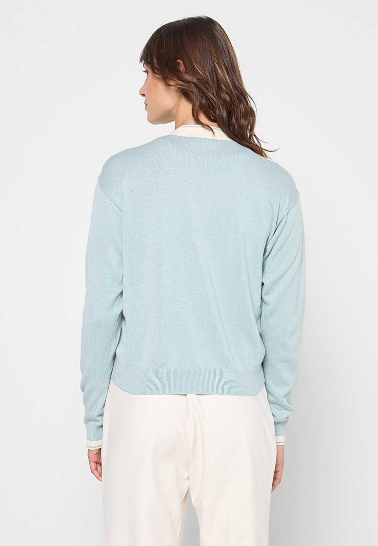 Maglione lavorato a maglia blu chiaro con scollo rotondo, maniche lunghe e polsini e orlo ribattuti, caratterizzato da una texture liscia e una vestibilità rilassata.