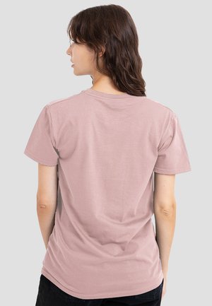 Pink cotton t-shirt, short sleeves, crew neck, featuring a plain back with no logos or patterns, soft texture, and relaxed fit.
