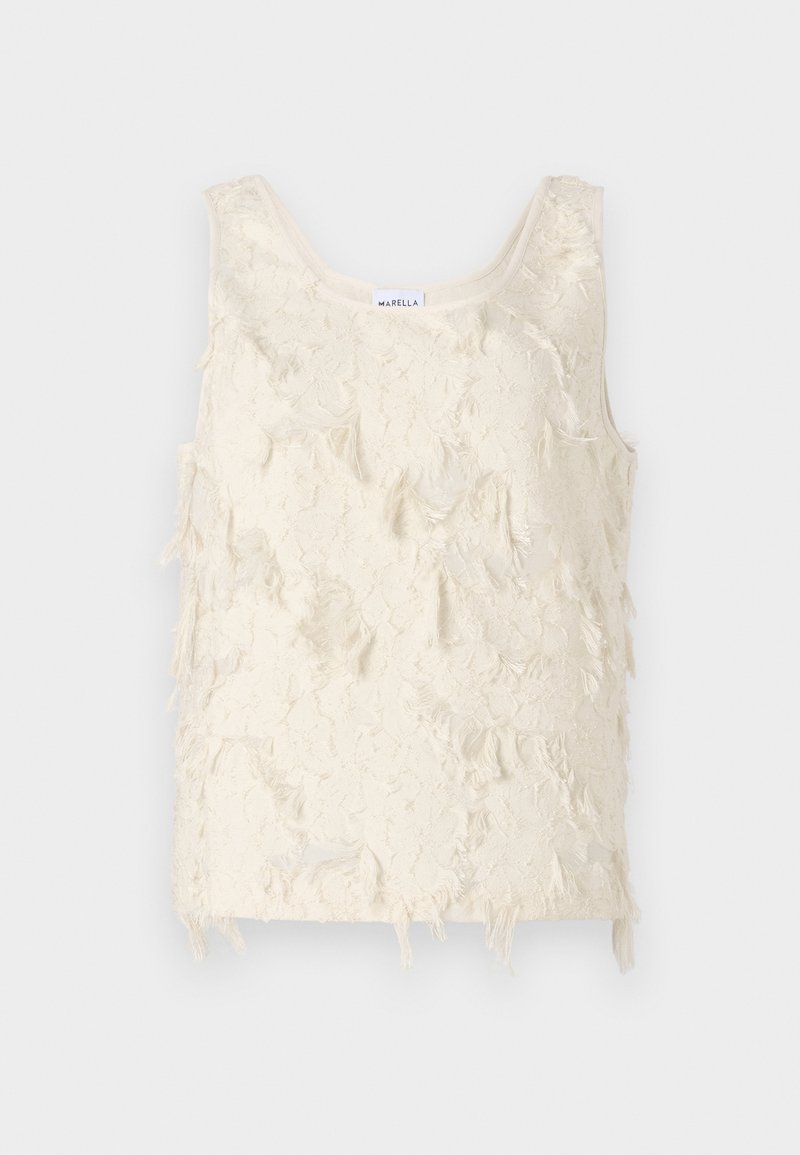 Crème-kleurige mouwloze top met een gestructureerd, franjer patroon en gladde randen. Etiket bij de halslijn vermeldt "Marella."