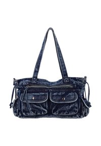 Jeans-Shopper in tiefem Blau mit zwei vorderen Taschen, Reißverschluss, verstellbaren Trägern und kontrastierenden Steppnähten.