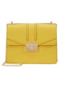 Gelbe Lederhandtasche mit strukturiertem Oberflächen, zwei vorderen Taschen, goldfarbenen Beschlägen und einer Kettenriemen. Verfügt über einen Klappverschluss an der Vorderseite.