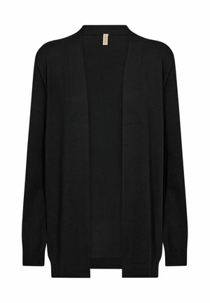Svart cardigan gjord av ett mjukt, stickat tyg. Har en avslappnad öppen framsida, långa ärmar och ribbad mudd och nederkant.