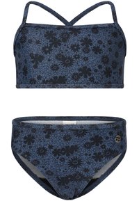 Haut de maillot de bain à motifs floraux bleus avec des bretelles croisées et un bas de bikini assorti. Comprend une base bleu foncé avec des motifs floraux noirs et un logo doré.