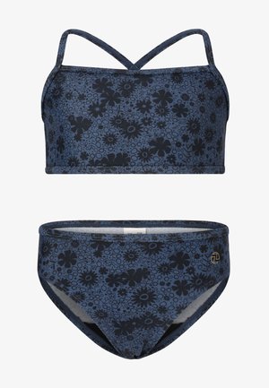 Blå blomstermønstret svømmetop med krydsede stropper og matchende bikiniunderdel. Har en mørkeblå bund med sorte blomsterdesigns og guld logo.