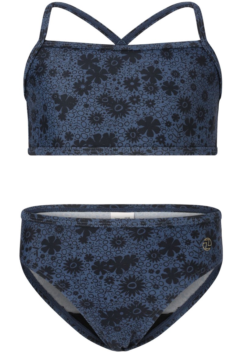 Haut de maillot de bain à motifs floraux bleus avec des bretelles croisées et un bas de bikini assorti. Comprend une base bleu foncé avec des motifs floraux noirs et un logo doré.
