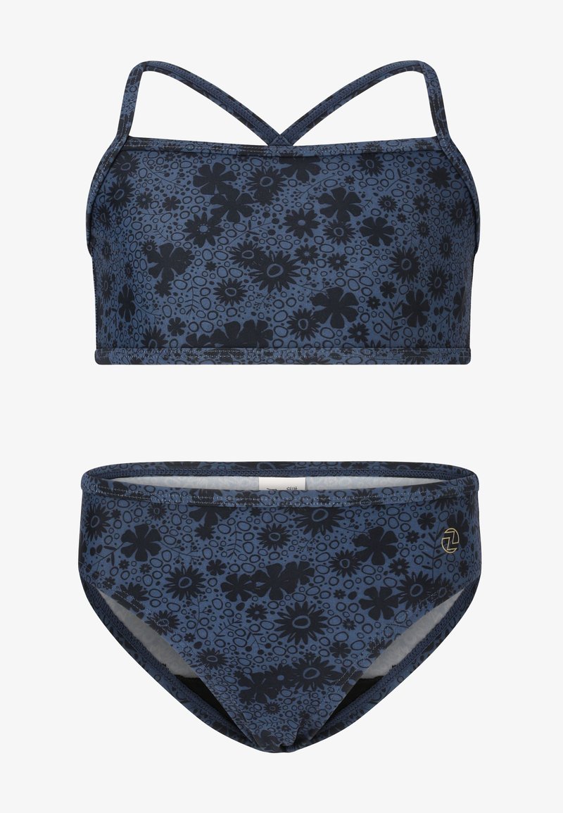 Blue floral patterned swim top with crisscross straps and matching bikini bottom. Features dark blue base with black floral designs and gold logo.
