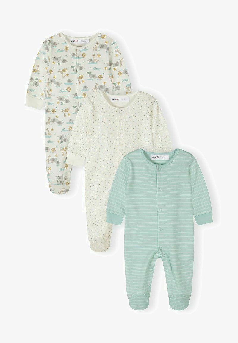 Trois grenouillères pour bébé à manches longues avec pieds : imprimé animal, petit motif à pois, et vert clair à rayures blanches, toutes avec des fermetures à pressions à l'avant.