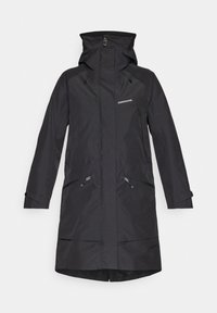 Manteau mi-long imperméable noir avec col montant, capuche, poches avant zippées et logo Didriksons sur la poitrine.