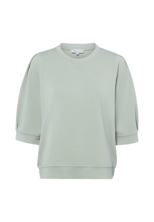 Haut vert clair à manches courtes avec col rond et manches bouffantes, doté d'un ourlet droit et d'une petite étiquette en tissu à l'intérieur du col.