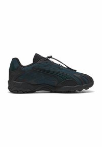 Czarne i turkusowe buty sportowe z teksturowaną siateczką, eleganckim designem, elastycznymi sznurówkami i grubą, wzorzystą gumową podeszwą.