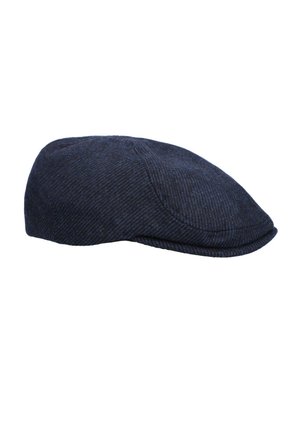 Granatowa czapka w wzór houndstooth, wykonana z tkaniny plecionej, z zaokrągloną koroną i płaskim daszkiem. Teksturowana powierzchnia z subtelnymi detalami wzoru.