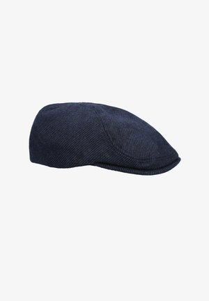 Granatowa czapka w wzór houndstooth, wykonana z tkaniny plecionej, z zaokrągloną koroną i płaskim daszkiem. Teksturowana powierzchnia z subtelnymi detalami wzoru.