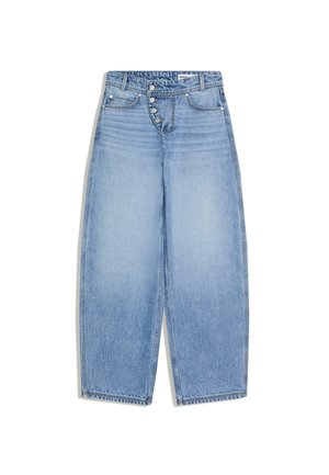 Jasnoniebieskie szerokie dżinsy z wysokim stanem, asymetrycznym zapięciem na guziki i klasycznym designem z pięcioma kieszeniami.