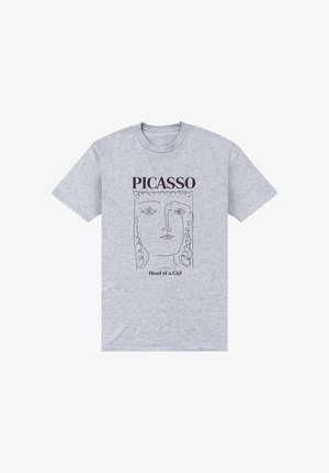 Jasnoszara koszulka z abstrakcyjnym rysunkiem linii twarzy dziewczyny w stylu Picassa oraz tekstem "PICASSO" i "Głowa dziewczyny".