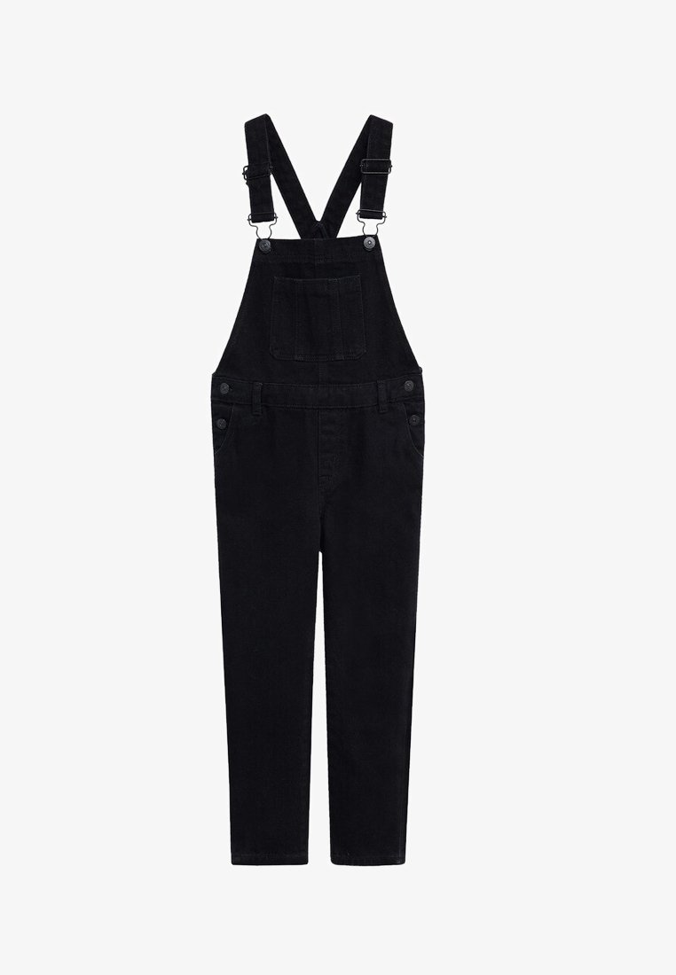 Black denim overalls with adjustable straps, two front pockets, and a front bib pocket. Fitted design with straight, tapered legs.