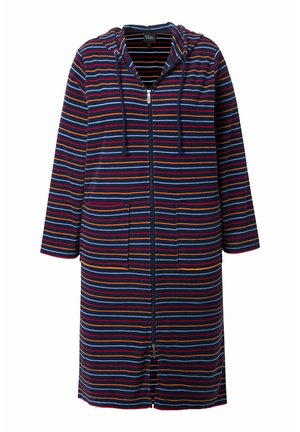 Langes marineblaues Kapuzensweatshirtkleid mit horizontalen roten, orangefarbenen und blauen Streifen, Reißverschluss vorne, Kordelzugkapuze und zwei Fronttaschen.