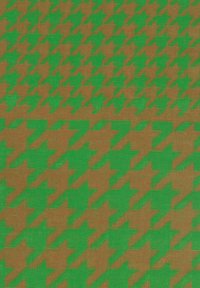 Roheline houndstooth muster pruunil tekstureeritud taustal. Kujundus sisaldab julgeid, korduvaid motive, teravate nurkade ja kontrastsete värvidega.