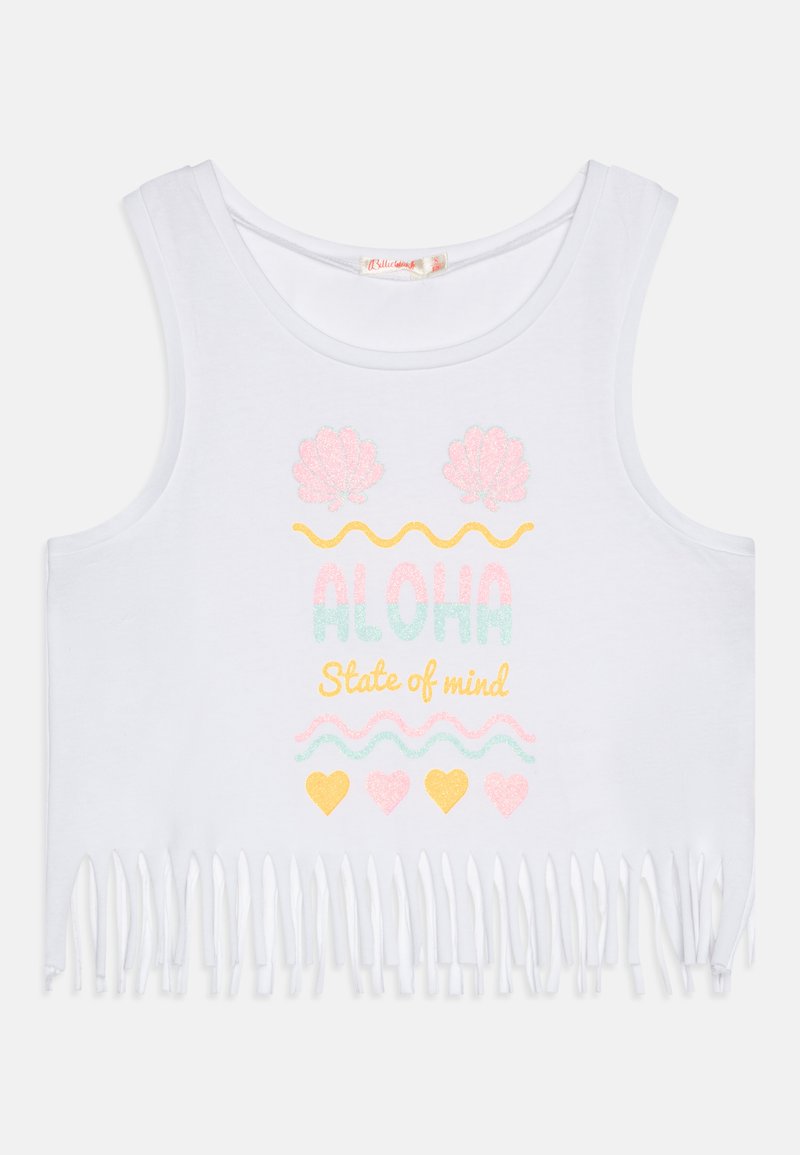 Fehér pamut crop top frufru aljjal, színes nyomtatott szöveggel és kagylómotívumokkal díszítve, puha, sima tapintású.