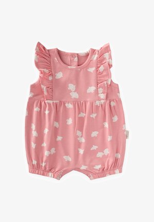 Roze mouwloze baby romper met witte vlinderprint, gerimpelde schouders, drukknoopsluitingen bij de halslijn en beenopeningen.