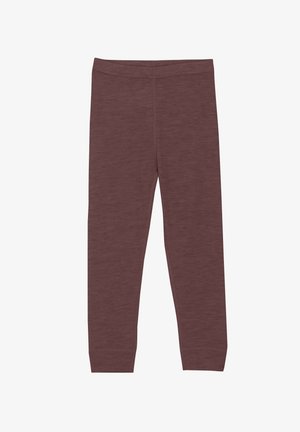 Leggings bordeaux en tissu doux et extensible. Design ajusté avec une texture lisse, sans motifs ni embellissements.