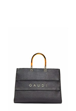 Borsa a mano rettangolare nera con manici in stile tartaruga e logo "GAUDI" in lettere argentate sul davanti.
