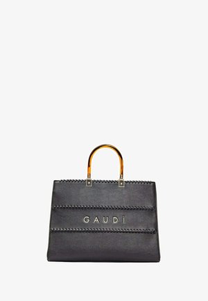 Borsa a mano rettangolare nera con manici in stile tartaruga e logo "GAUDI" in lettere argentate sul davanti.