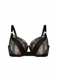 Czarny stanik z przezroczystymi koronkowymi miseczkami, kontrastującymi solidnymi bokami, regulowanymi ramiączkami oraz zapięciem na dwa haftki na plecach z złotymi akcentami.