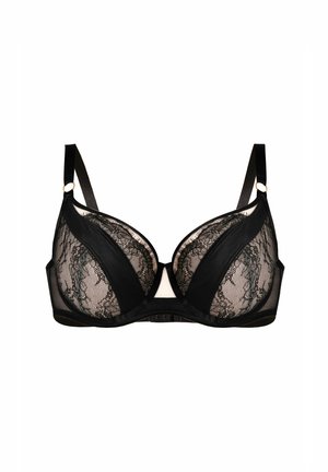 Czarny stanik z przezroczystymi koronkowymi miseczkami, kontrastującymi solidnymi bokami, regulowanymi ramiączkami oraz zapięciem na dwa haftki na plecach z złotymi akcentami.