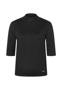 Schwarzer Kurzarm-Turtleneck-Pullover, gefertigt aus einem weichen Strickstoff. Mit gerippten Kanten an Kragen und Bündchen sowie einem dezenten Logodetail.