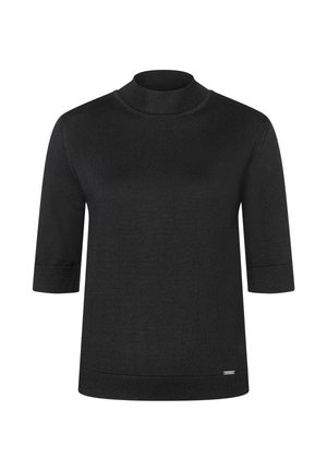 Black short-sleeve turtleneck sweater, made from a soft knit fabric. Features ribbed edges at collar and cuffs, with a subtle logo detail.