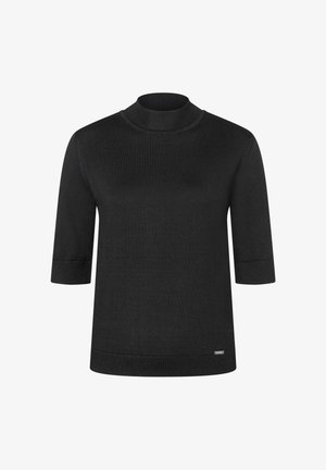 Schwarzer Kurzarm-Turtleneck-Pullover, gefertigt aus einem weichen Strickstoff. Mit gerippten Kanten an Kragen und Bündchen sowie einem dezenten Logodetail.