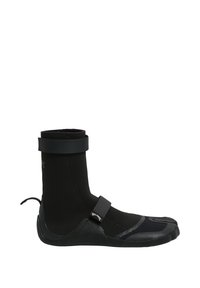 Black neoprene wetsuit boots with a textured sole, ankle strap for secure fit, and a streamlined design suitable for water activities.