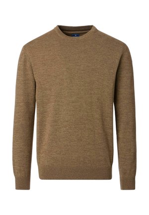 Brązowy sweter z zaokrąglonym dekoltem i długimi rękawami, z prążkowanymi mankietami i dołem, wykonany z miękkiej dzianiny.