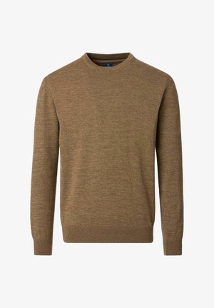 Brązowy sweter z zaokrąglonym dekoltem i długimi rękawami, z prążkowanymi mankietami i dołem, wykonany z miękkiej dzianiny.