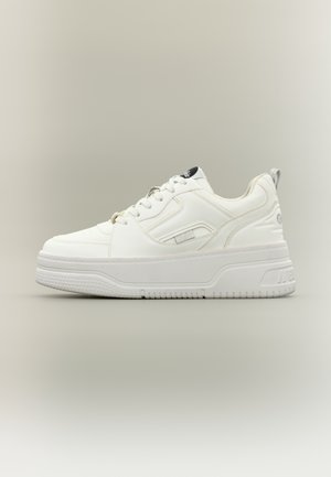 White athletic sneaker with smooth leather-like upper, reinforced toe, lace-up closure, padded collar, and textured rubber sole.