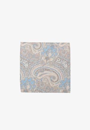 Paisley-patterned textile in beige and light blue, featuring intricate designs with swirls and floral accents on a textured fabric.