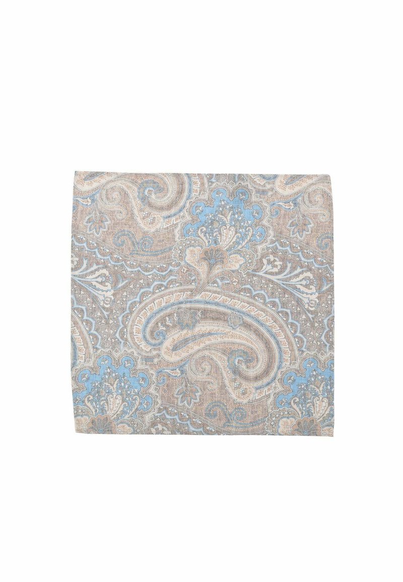 Paisley-patterned textile in beige and light blue, featuring intricate designs with swirls and floral accents on a textured fabric.