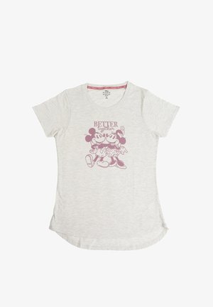Hellgraues Baumwoll-T-Shirt mit kurzen Ärmeln, das ein pinkes Grafikelement von Mickey und Minnie Mouse zeigt, mit dem Text "BESSER zusammen."