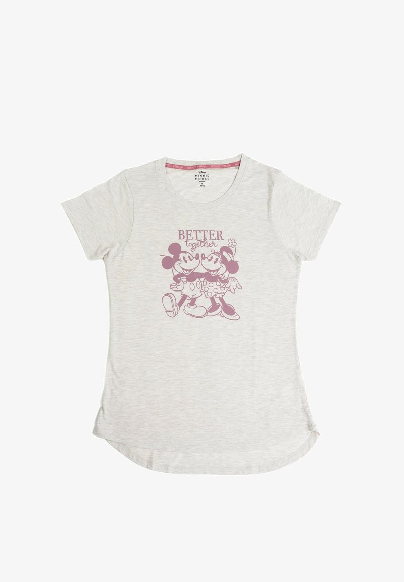 T-shirt in cotone grigio chiaro a maniche corte, con una grafica rosa di Topolino e Minnie Mouse e la scritta "MEGLIO INSIEME."