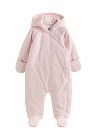 Rosa Babyschlafanzug aus weichem Stoff, mit Kapuze, Druckknöpfen und einem ganzflächigen Sternmuster. Mit Fußdesign und umschlagbaren Ärmel.