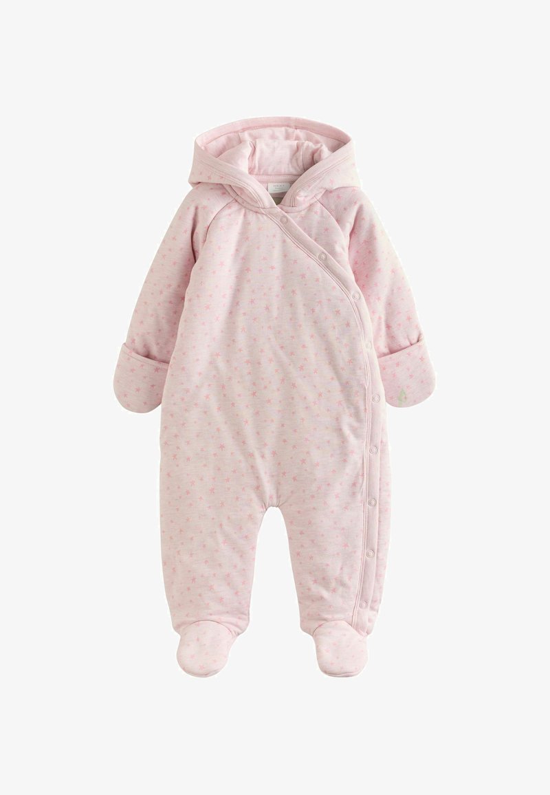 Pink hooded baby romper with foot coverings and star pattern, featuring snap buttons along the front and sleeves with fold-over mittens.