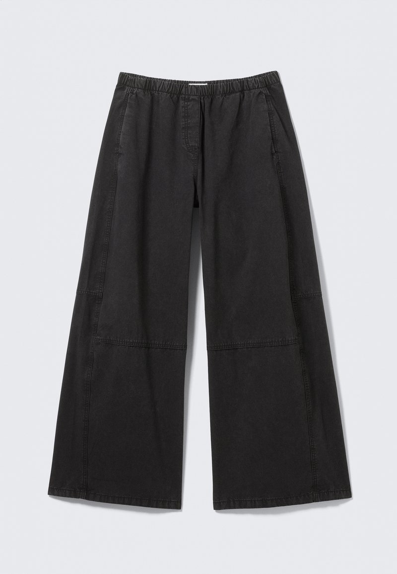 Black wide-leg trousers made from lightweight fabric, featuring an elastic waistband, side seams, and a smooth texture.