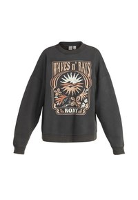 Sudadera gris oscuro con cuello redondo, hombros caídos y una gran impresión gráfica que presenta un sol, olas y elementos florales.