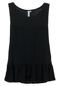 Top negro sin mangas hecho de tela suave, con un escote redondeado y un dobladillo con volantes acampanados en la parte inferior. Diseño simple y versátil.