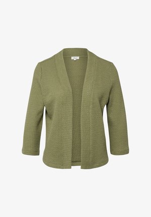Cardigan en maille texturée vert olive ouvert sur le devant, avec des manches trois-quarts et une coupe décontractée.