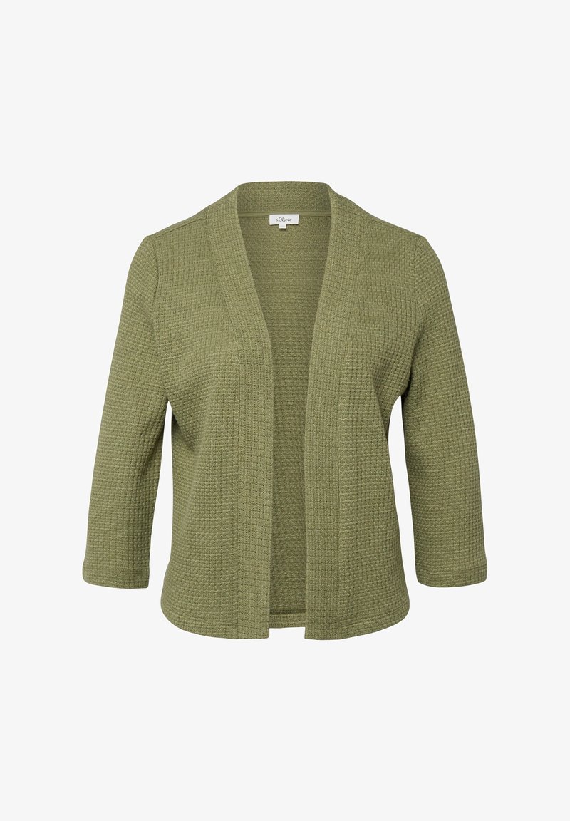 Olijfgroene gebreide cardigan met textuur, open voorkant, driekwartmouwen en een ontspannen pasvorm.