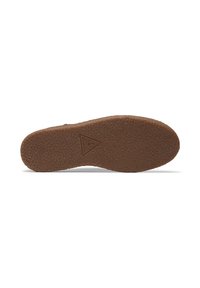 Suola di scarpa in gomma marrone con un motivo di grip texture e un logo triangolare. Presenta un bordo liscio e un design complessivo piatto.